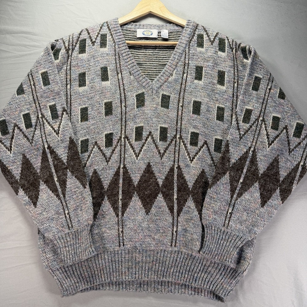 Vintage Grandpa Sweater Mens Large Multicolor Knit Geometric Wool Made In Italy